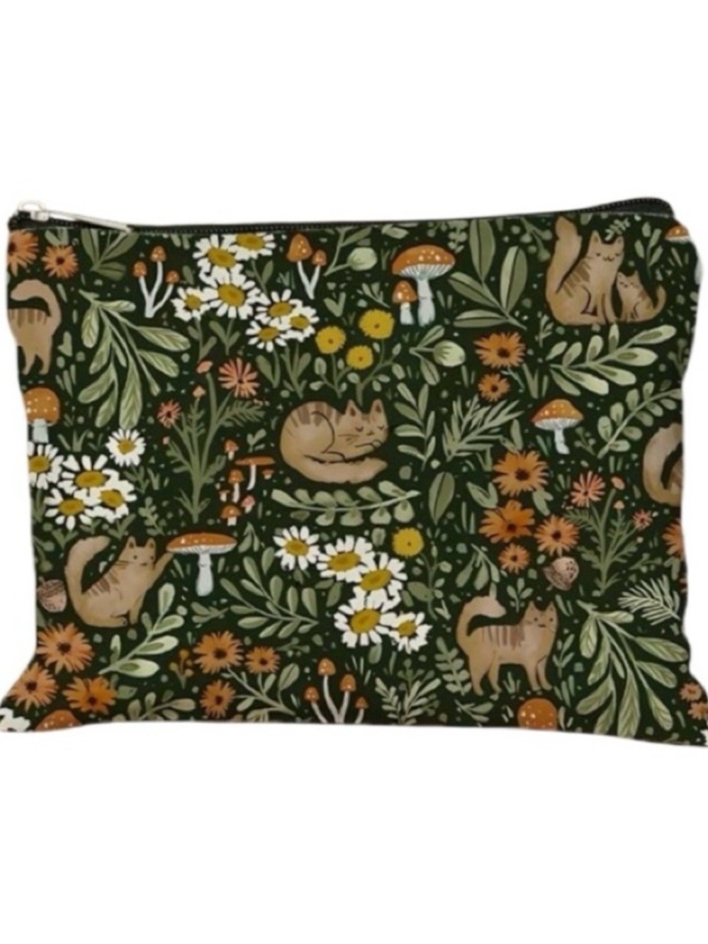 Woodland Cat Forest Floral Makeup Bag Linen Blend Cosmetic Toiletry Travel Pouch